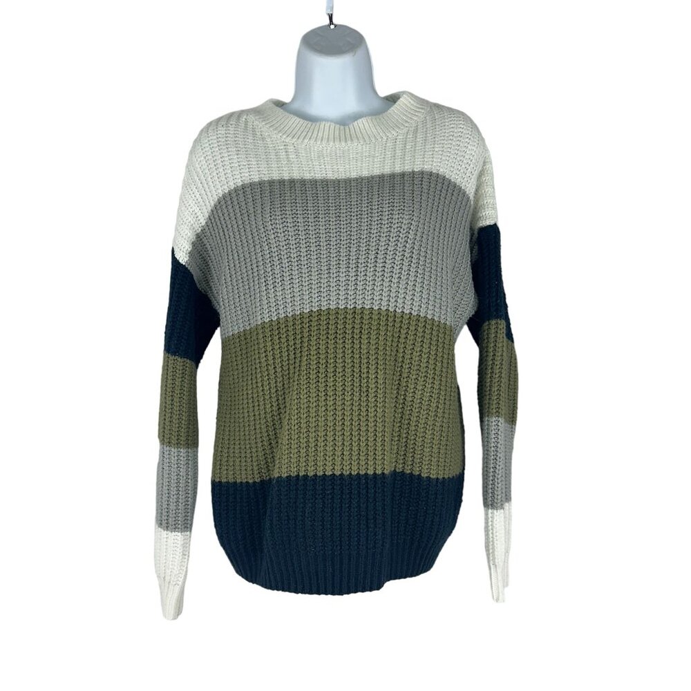 Merokeety Colorblock Knit Sweater Womens Medium Green Cream Gray Long Sleeve Top